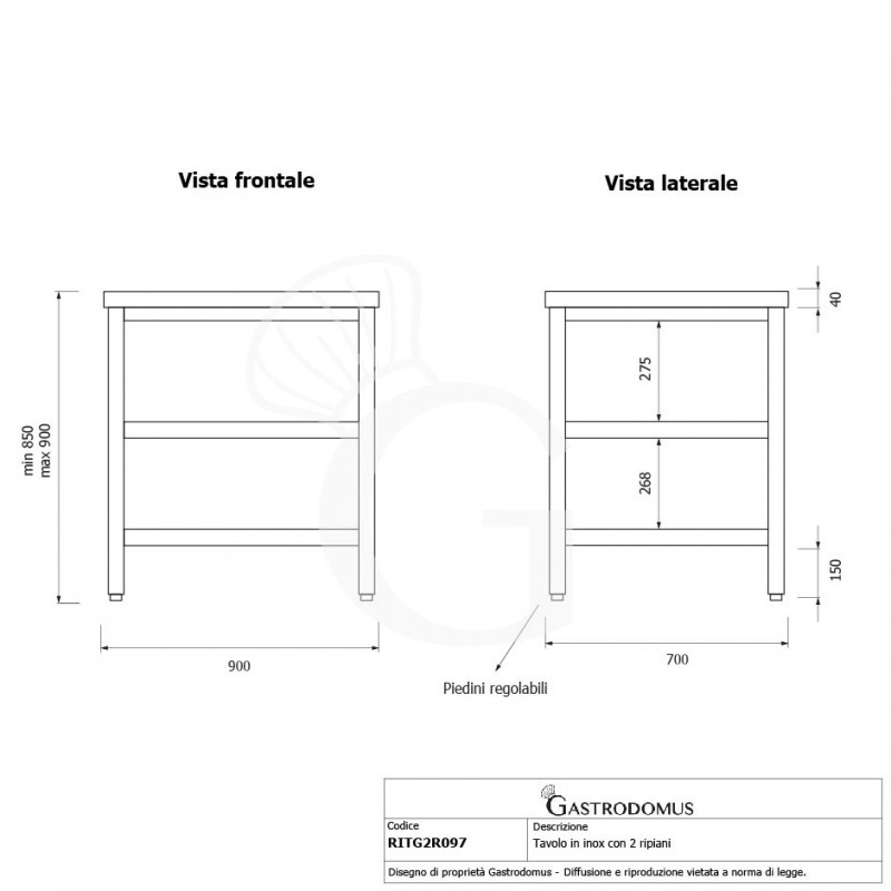 Mesa de acero inoxidable con 2 estantes L 900 mm x P 700 mm x A 850 mm