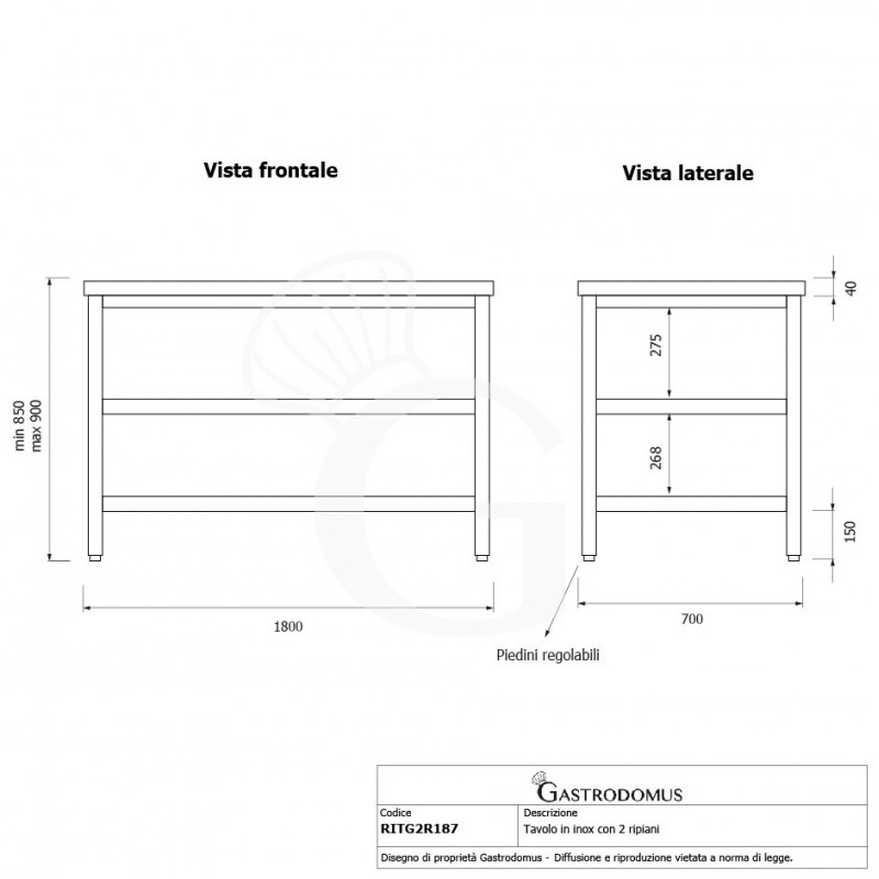 Mesa de acero inoxidable con 2 estantes L 1800 mm x P 700 mm x A 850 mm