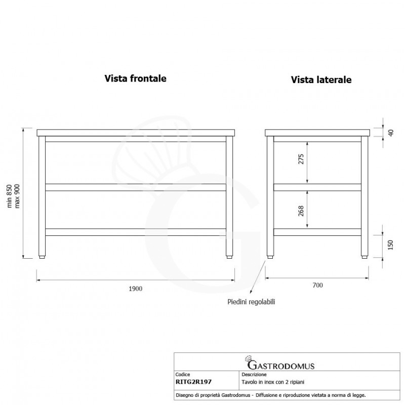 Tavolo inox 2 ripiani L 1900 mm x P 700 mm x H 850 mm