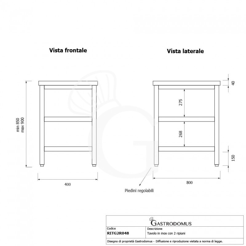 Mesa de acero inoxidable con 2 estantes L 400 mm x P 800 mm x A 850 mm