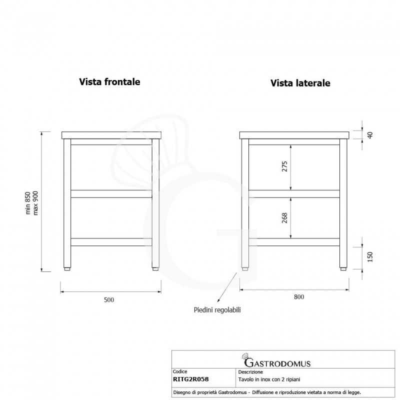 Mesa de acero inoxidable con 2 estantes L 500 mm x P 800 mm x A 850 mm