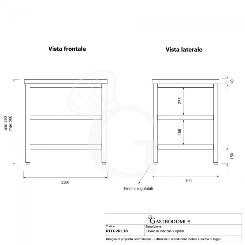 Mesa de acero inoxidable 2 estantes L 1100 mm x P 800 mm x A 850 mm