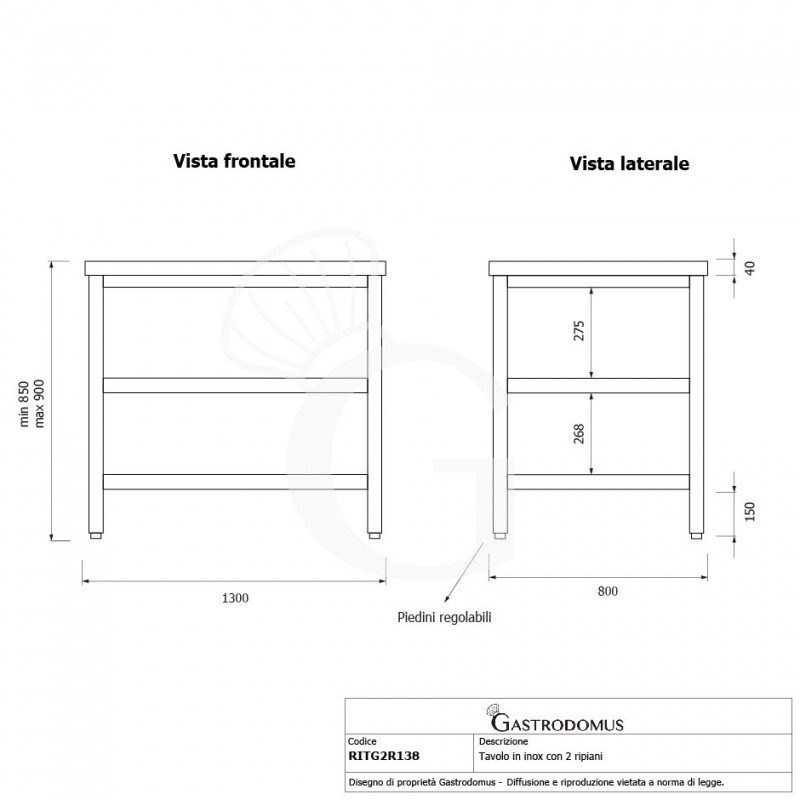 Tavolo inox 2 ripiani L 1300 mm x P 800 mm x H 850 mm