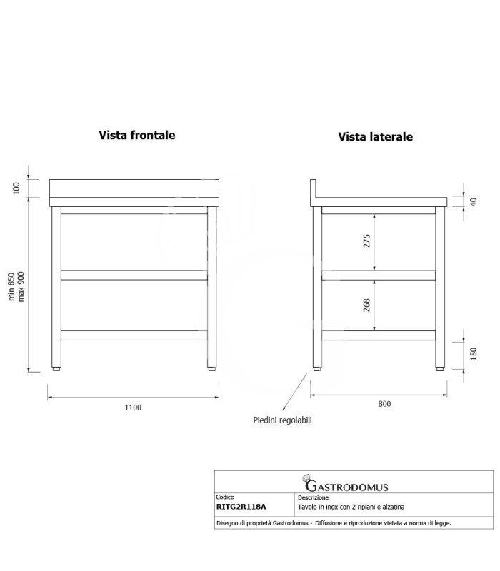Mesa de acero inoxidable con 2 estantes y peto L 1100 mm x P 800 mm x A 950 mm