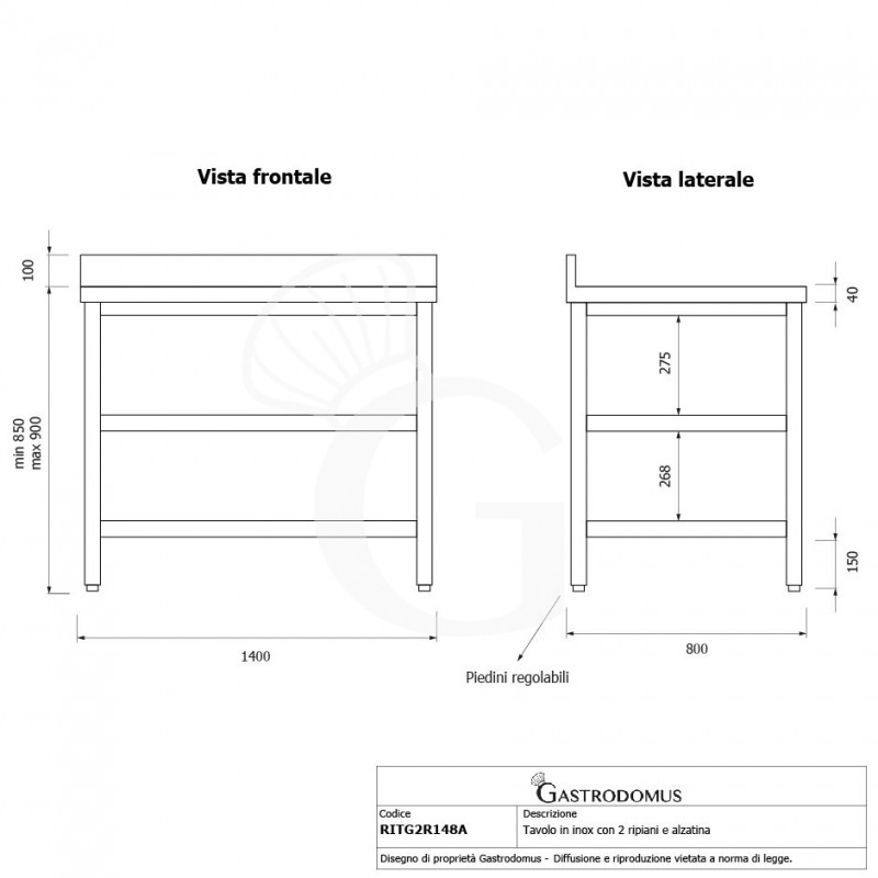 Mesa de acero inoxidable con 2 estantes y peto L 1400 mm x P 800 mm x A 950 mm