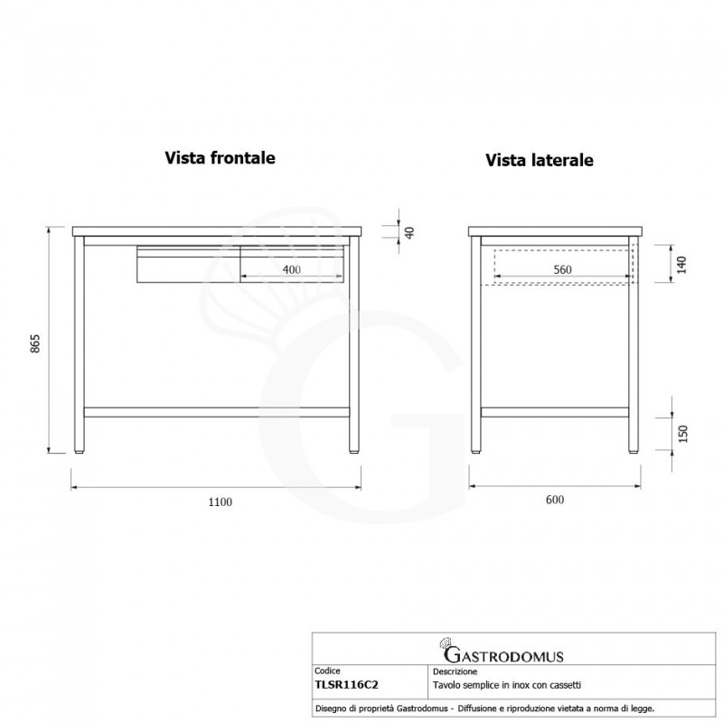 Mesa de acero inoxidable con 2 cajones - L 1100 mm x P 600 mm x H 850 mm