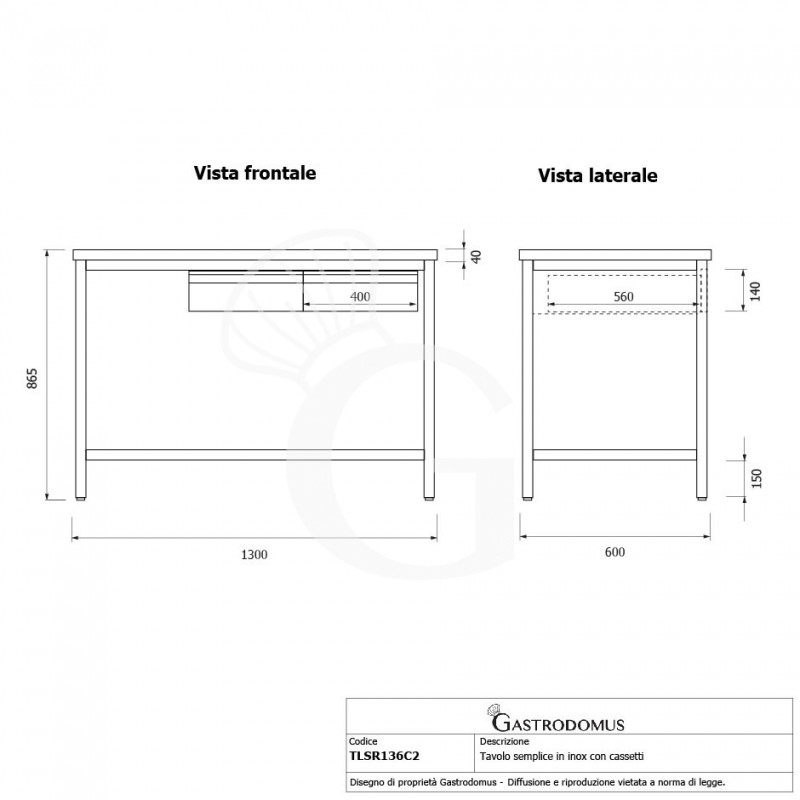 Mesa de acero inoxidable con 2 cajones L 1300 mm x P 600 mm x A 865 mm