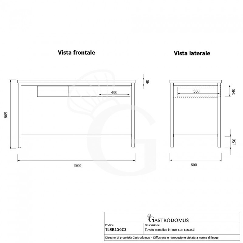 Mesa de trabajo de acero inoxidable con 3 cajones L 1500 mm x P 600 mm x A 865 mm