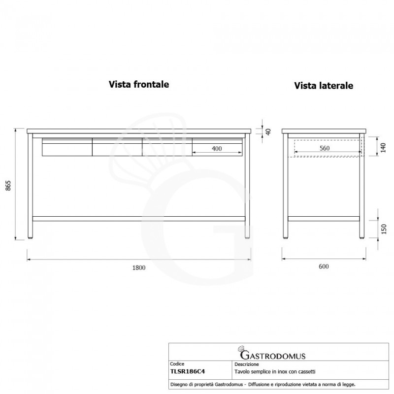 Mesa de acero inoxidable con 4 cajones L 1800 mm x P 600 mm x A 865 mm