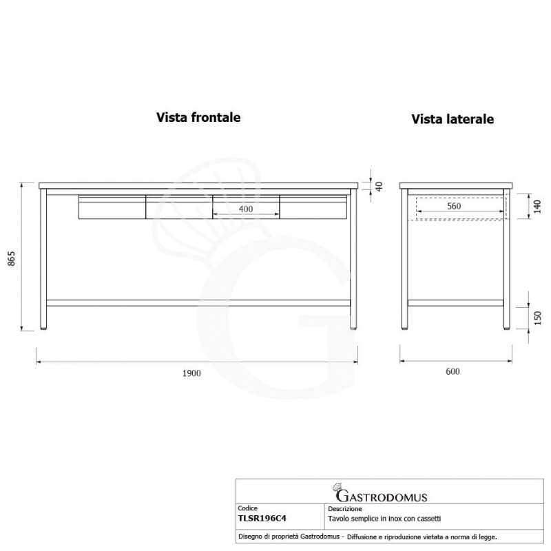 Mesa de acero inoxidable con 4 cajones L 1900 mm x P 600 mm x A 865 mm