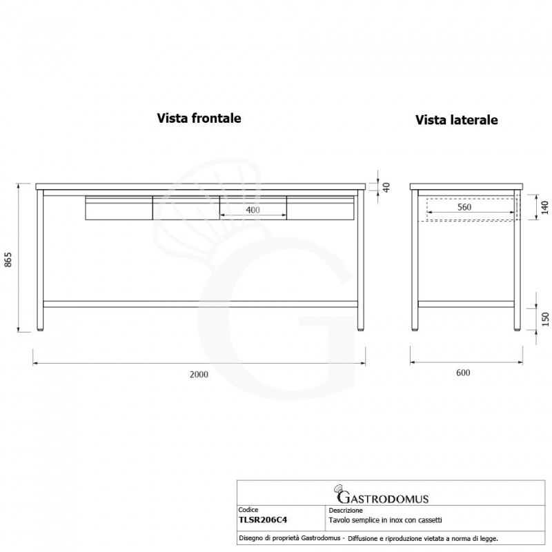 Mesa de acero inoxidable con 4 cajones L 2000 mm x P 600 mm x A 865 mm