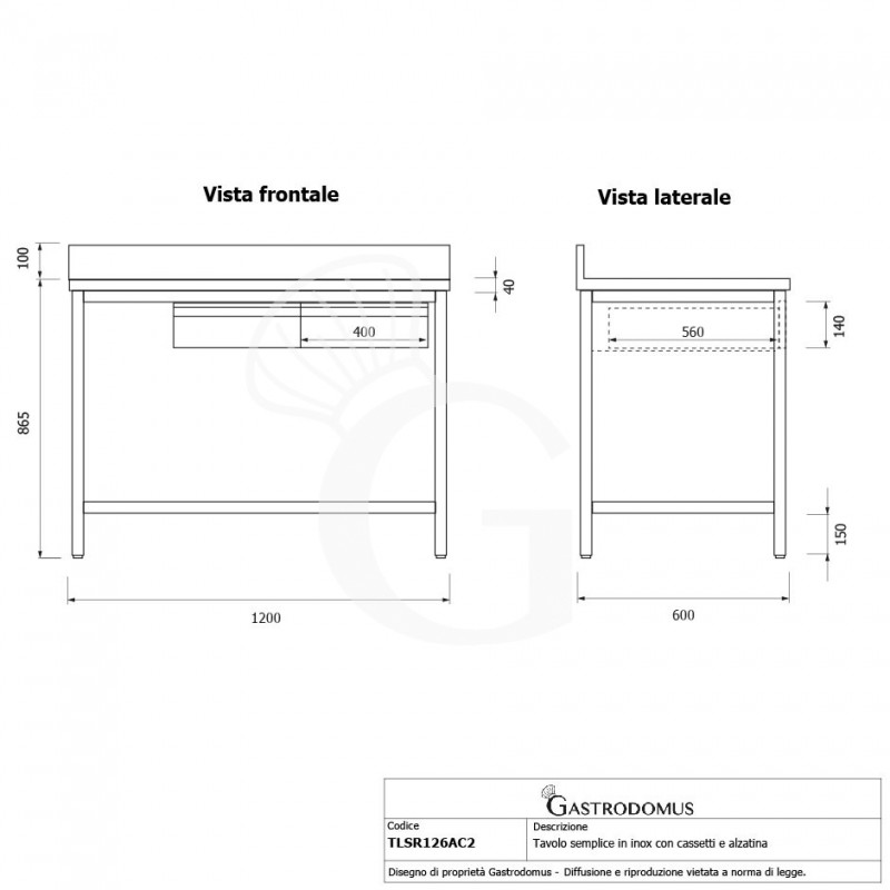 Mesa de trabajo de acero inoxidable con 2 cajones y peto trasero L 1200 mm x P 600 mm x A 965 mm