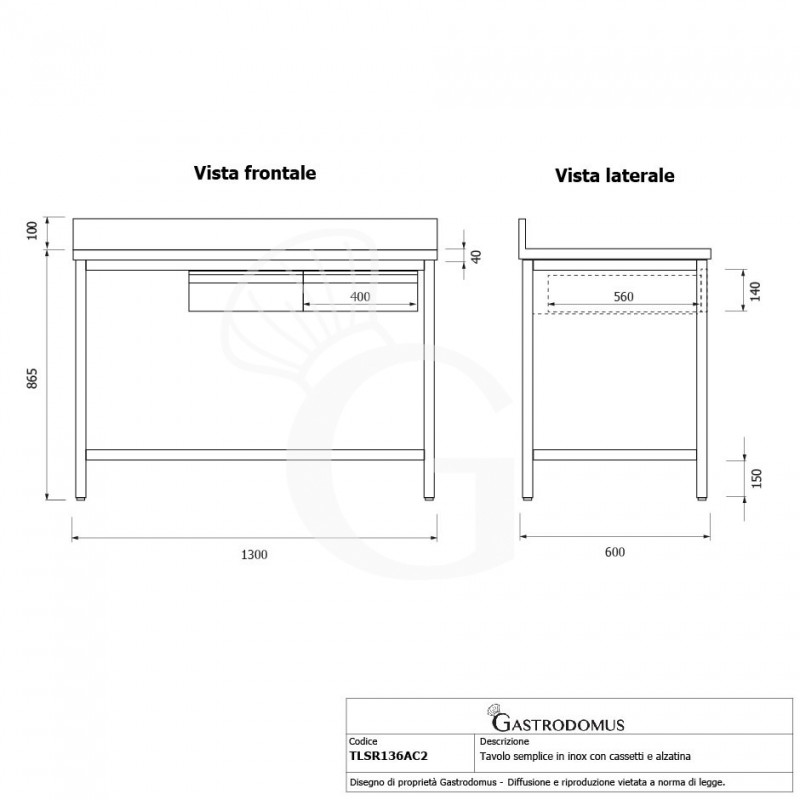 Mesa de acero inoxidable con 2 cajones y peto L 1300 mm x P 600 mm x A 965 mm