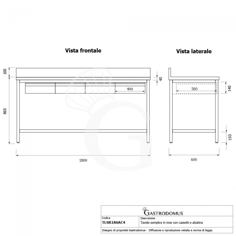 Mesa de acero inoxidable con 4 cajones y peto L 1800 mm x P 600 mm x A 965 mm