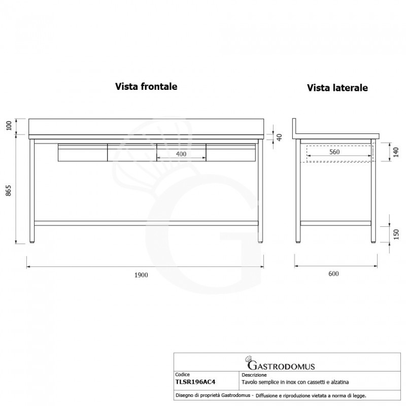 copy of Tavolo inox 4 cassetti alzatina L 1800 mm x P 600 mm x H 950 mm