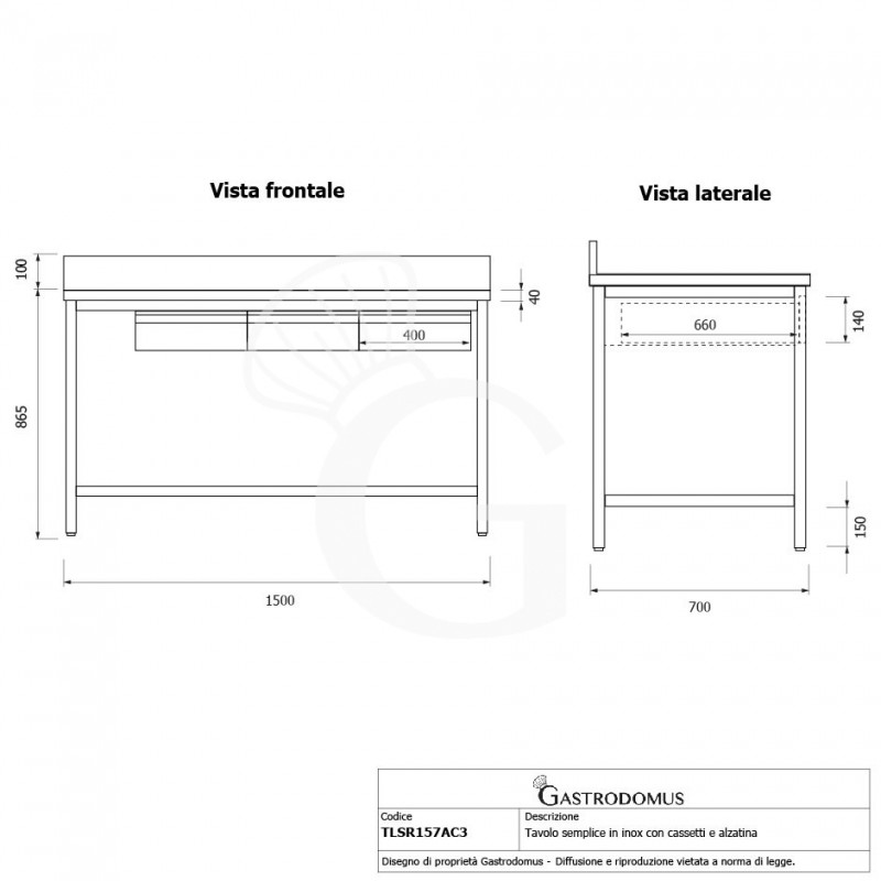 Mesa de acero inoxidable con 3 cajones y peto L 1500 mm x P 700 mm x A 965 mm