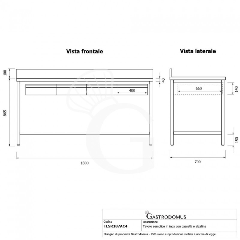 Mesa de acero inoxidable con 4 cajones y peto L 1800 mm x P 700 mm x A 965 mm