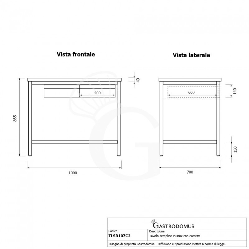 Mesa de acero inoxidable con 2 cajones L 1000 mm x P 700 mm x A 865 mm