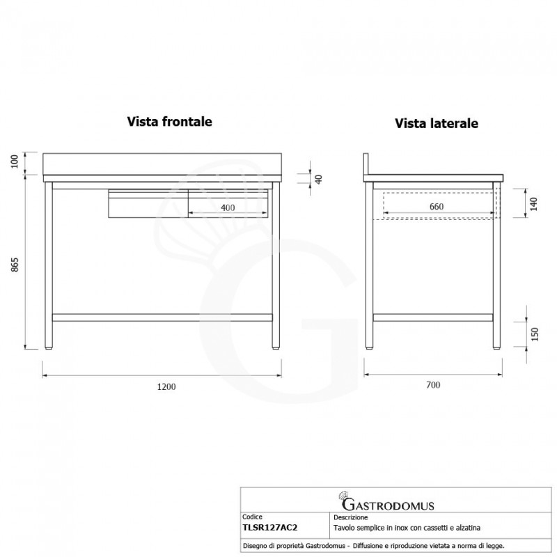 Mesa de acero inoxidable con 2 cajones L 1200 mm x P 700 mm x A 865 mm