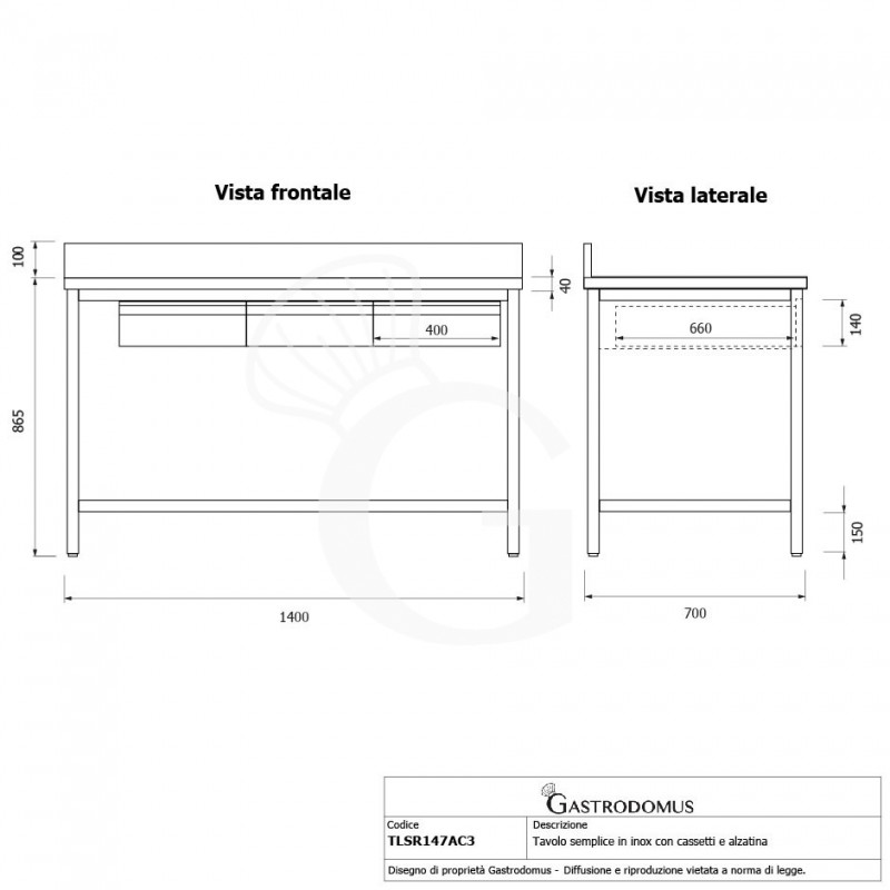 Mesa de acero inoxidable con 3 cajones L 1400 mm x P 700 mm x A 865 mm