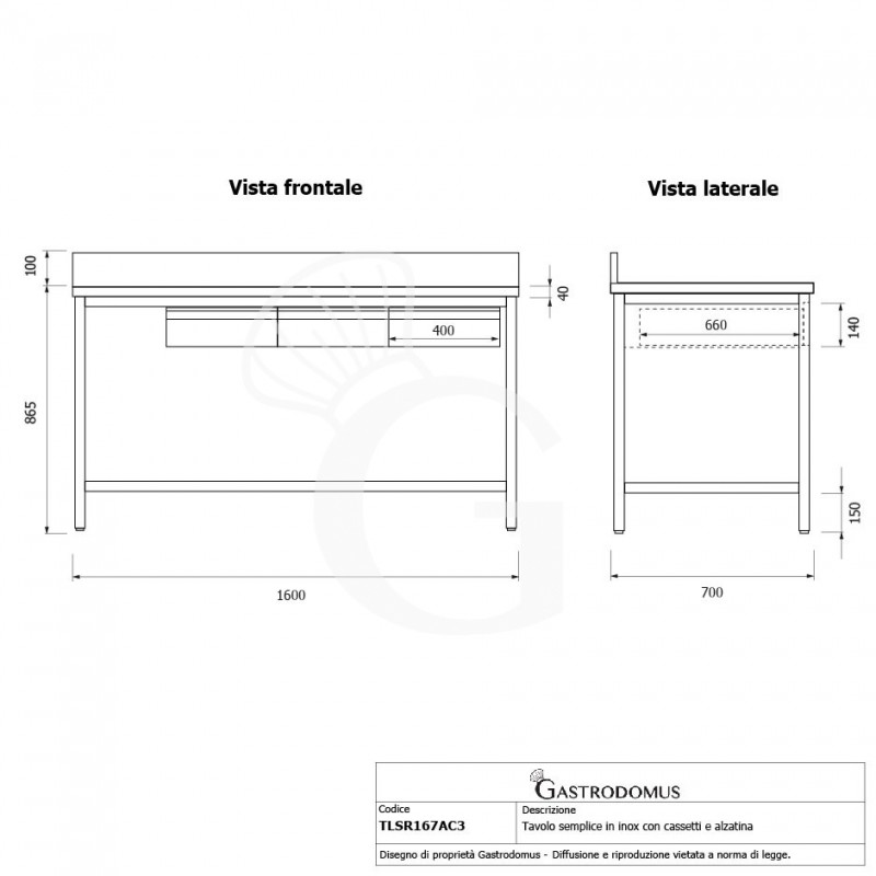 Mesa de acero inoxidable con 3 cajones L 1600 mm x P 700 mm x A 865 mm