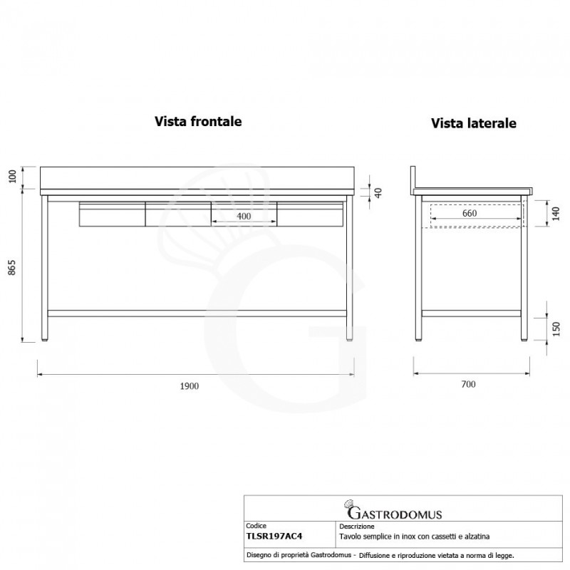 Mesa de acero inoxidable con 4 cajones L 1900 mm x P 700 mm x A 865 mm