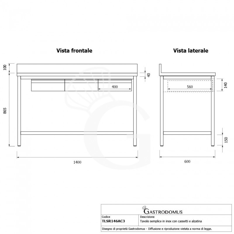 Mesa de acero inoxidable con estante peto 3 cajones L 1400 mm x P 600 mm x A 965 mm