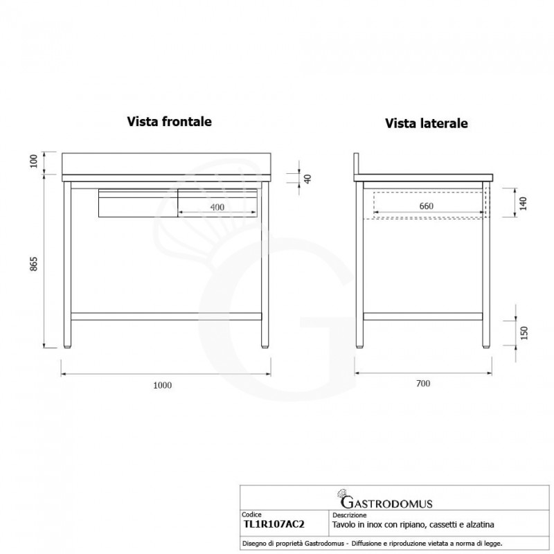 Mesa de trabajo de acero inoxidable con estante, peto trasero, 2 cajones L 1000 mm x P 700 mm x A 965 mm