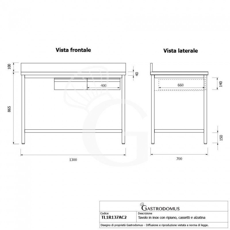 Mesa de acero inoxidable con estante peto 2 cajones L 1300 mm x P 700 mm x A 965 mm