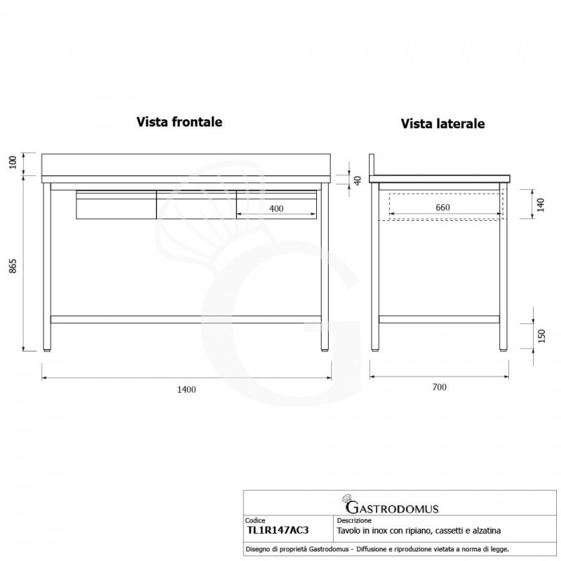 Mesa de acero inoxidable con estante peto 3 cajones L 1400 mm x P 700 mm x A 965 mm