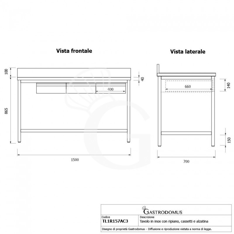 Mesa de acero inoxidable con estante peto 3 cajones L 1500 mm x P 700 mm x A 965 mm