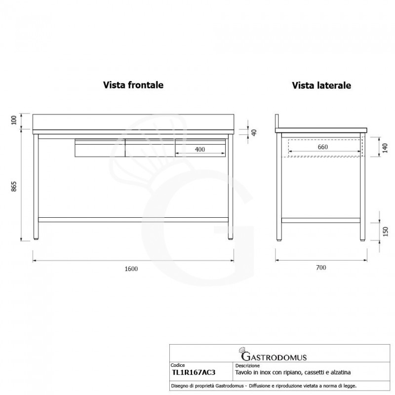 Mesa de acero inoxidable con estante peto 3 cajones L 1600 mm x P 700 mm x A 965 mm