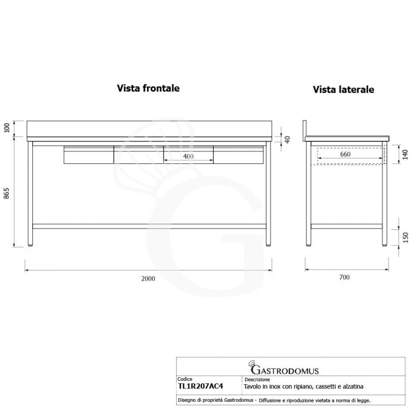 copy of Tavolo inox ripiano alzatina 4 cassetti L 2000 mm x P 700 mm x H 950 mm