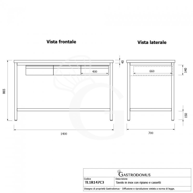 Mesa de acero inoxidable con 3 cajones L 1400 mm x P 700 mm x A 865 mm