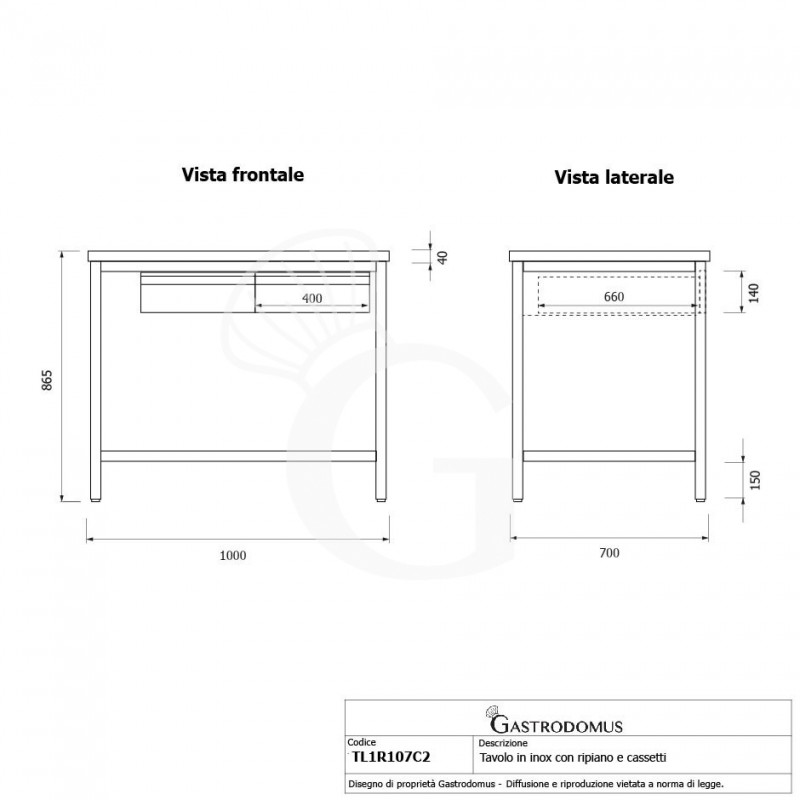 Mesa de trabajo de acero inoxidable con estante y 2 cajones L 1000 mm x P 700 mm x A 865 mm