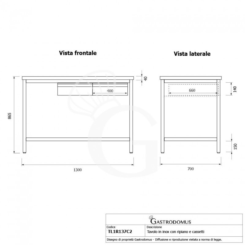 Mesa de acero inoxidable con 2 cajones L 1300 mm x P 700 mm x A 865 mm