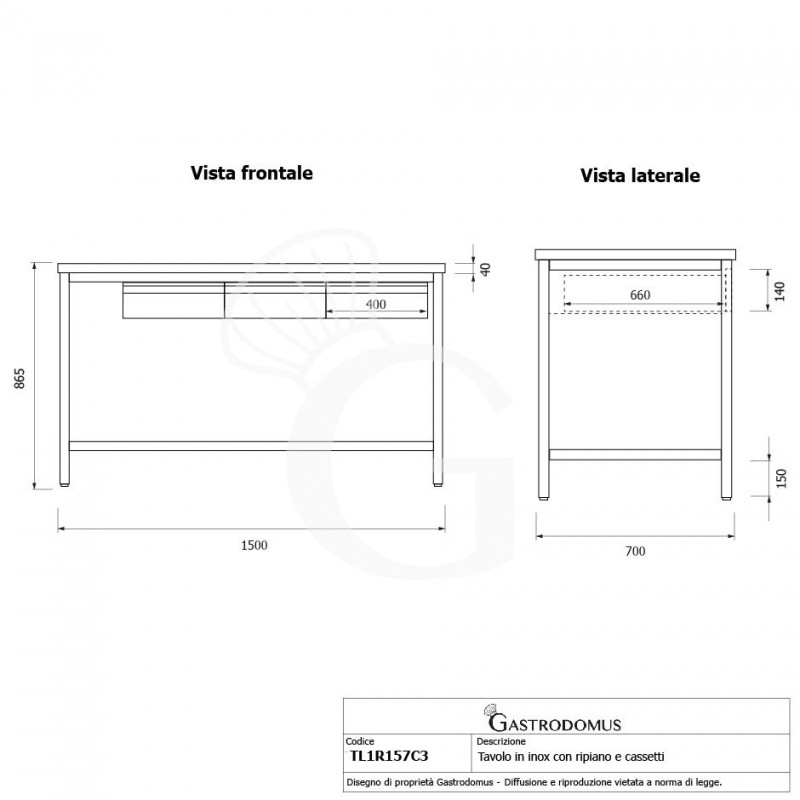 Mesa de acero inoxidable con 3 cajones L 1500 mm x P 700 mm x A 865 mm
