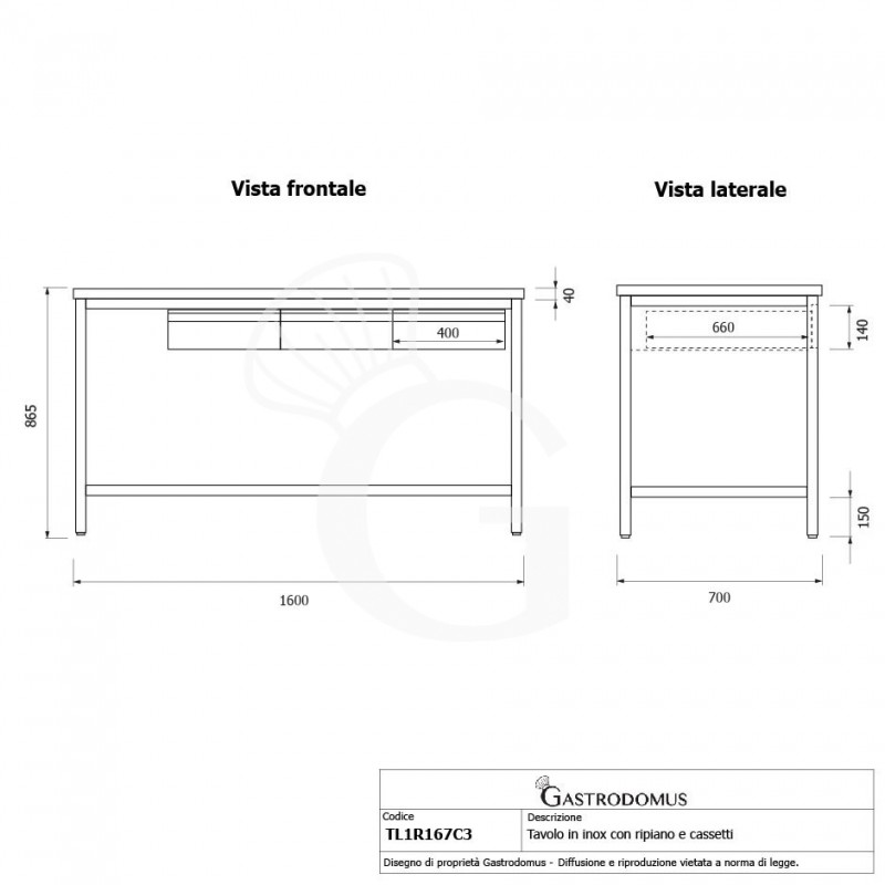 Mesa de acero inoxidable con 3 cajones L 1600 mm x P 700 mm x A 865 mm