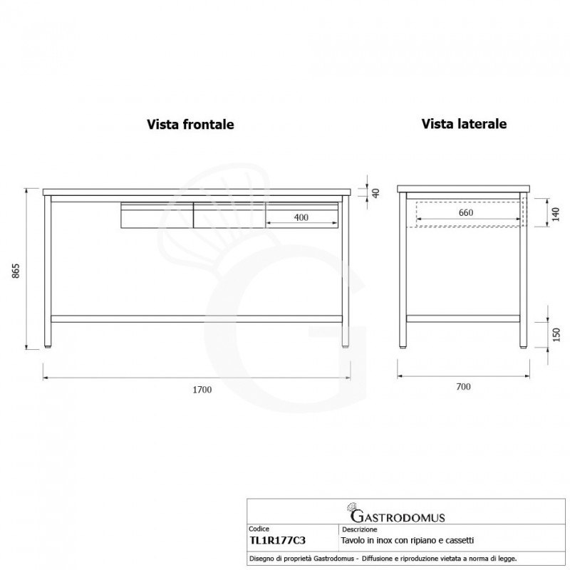 Mesa de trabajo de acero inoxidable con estante y 3 cajones L 1700 mm x P 700 mm x A 865 mm
