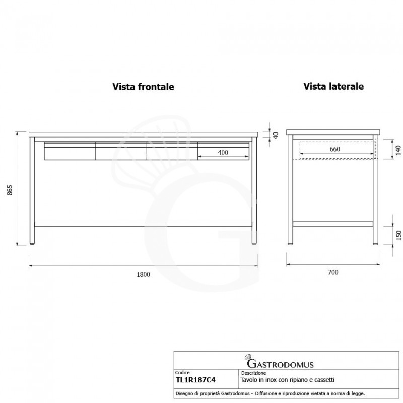 Mesa de acero inoxidable con 4 cajones L 1800 mm x P 700 mm x A 865 mm