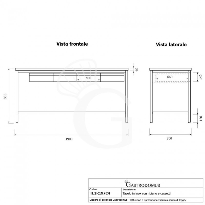 Mesa de acero inoxidable con estante y 4 cajones, L 1900 × P 700 × H 850 mm