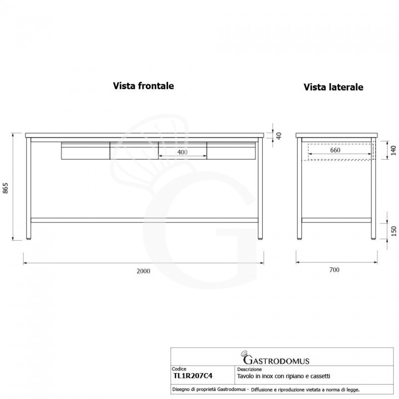 Mesa en acero inoxidable con estante inferior y 4 cajones, dimensiones L 2000 × P 700 × H 865 mm