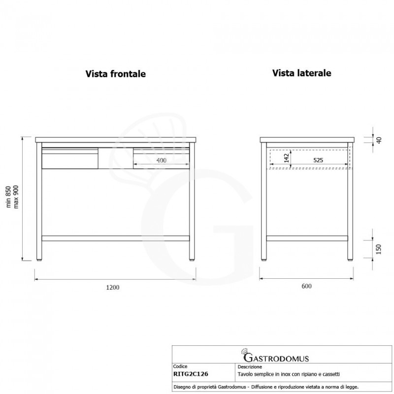 Mesa de acero inoxidable con estante y 2 cajones L 1200 mm x P 600 mm x A 850 mm