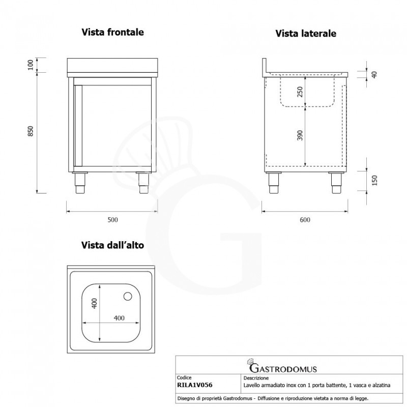 Fregadero con mueble inox con 1 puerta batiente, 1 cubeta, peto L 500 mm x P 600 mm x A 950 mm