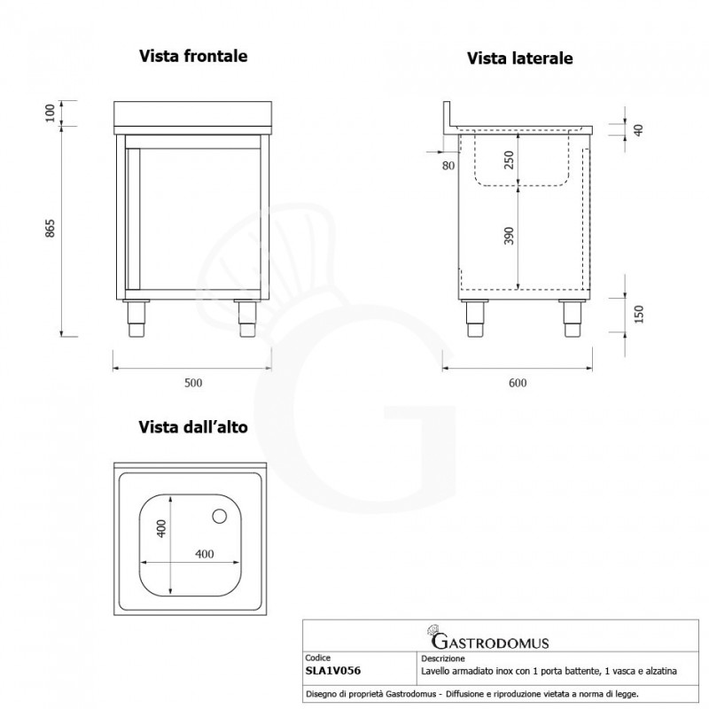 Fregadero con mueble inox con 1 puerta batiente, 1 cubeta, peto L500mmxP600mmxA965mm con agujero para el grifo de Ø 32 mm