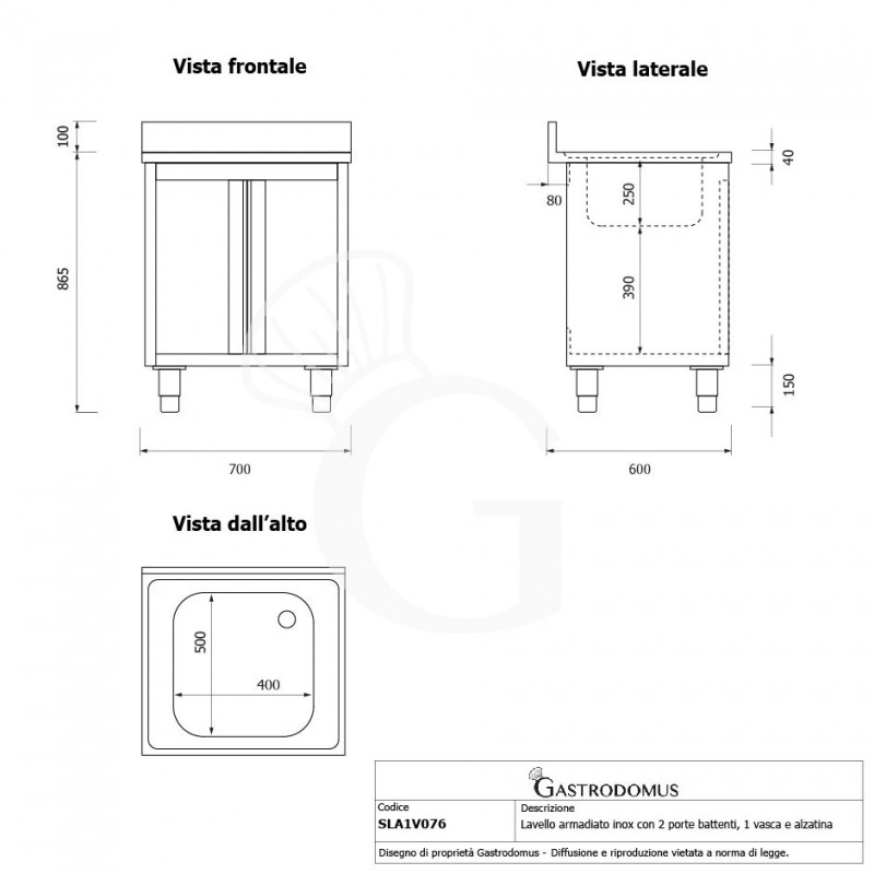 Fregadero con mueble inox con 2 puertas batientes, 1 cubeta, peto L700mmxP600mmxA965mm con agujero para el grifo de Ø 32 mm