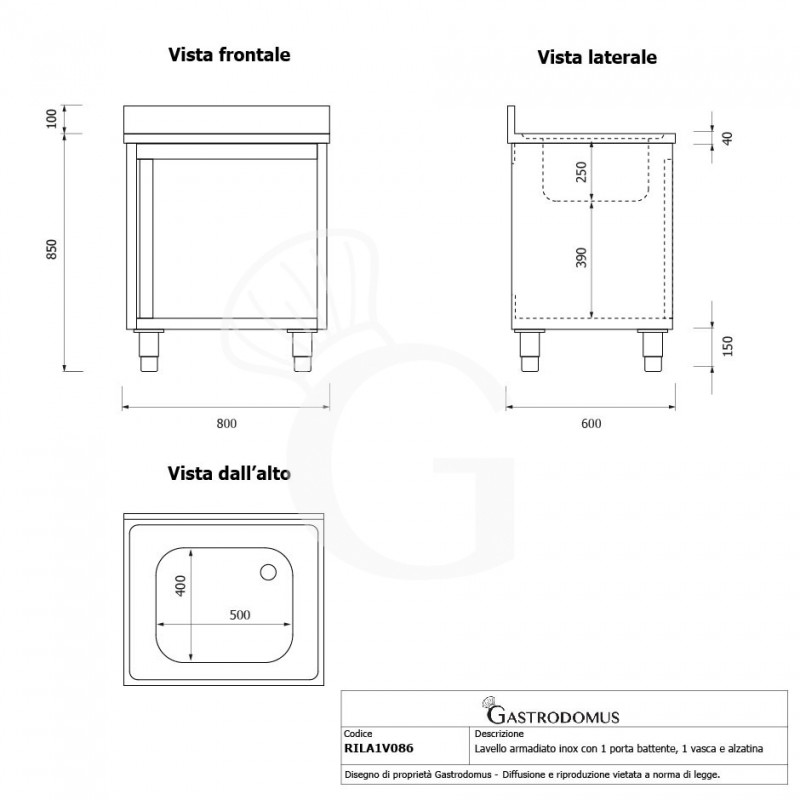 Fregadero con mueble inox con 1 puerta batiente, 1 cubeta, peto L 800 mm x P 600 mm x A 950 mm