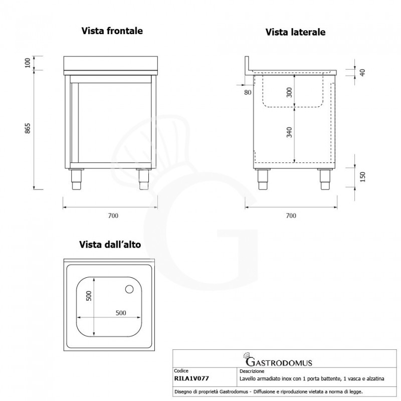 Fregadero con mueble inox con 1 puerta batiente, 1 cubeta, peto L 700 mm x P 700 mm x A 950 mm