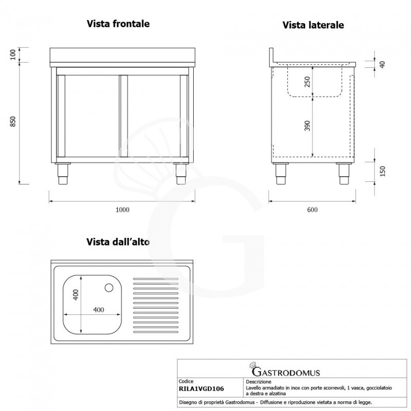 Fregadero con mueble inox 2 puertas correderas, 1 cubeta, escurridor a la derecha y peto L1000mmxP600mmxA950mm