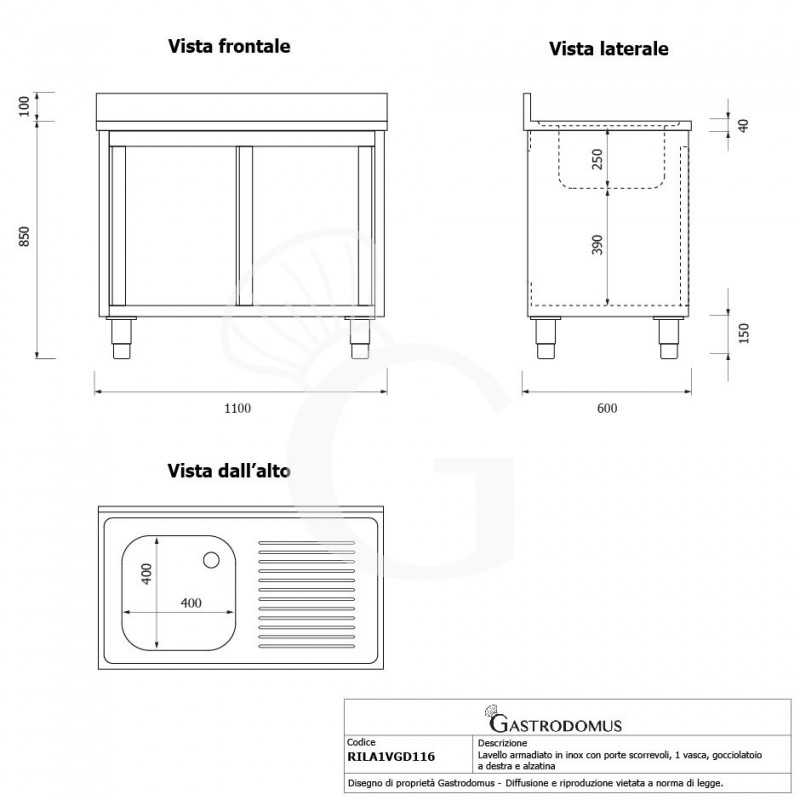 Fregadero con mueble inox 2 puertas correderas,1 cubeta, escurridor a la derecha y peto L1100mmxP600mmxA950mm